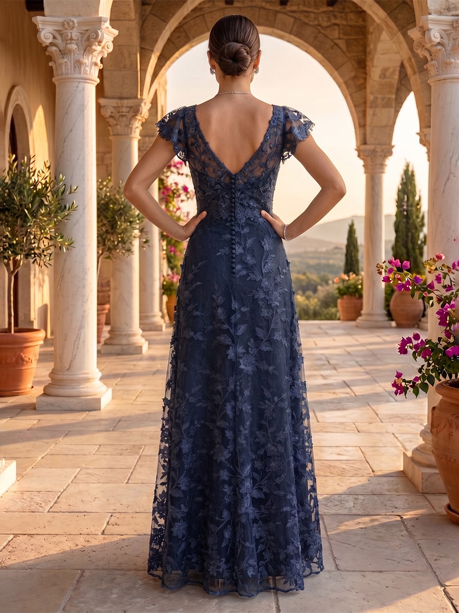 V Neck A Line Lace Applique Floor Length Evening Dresses