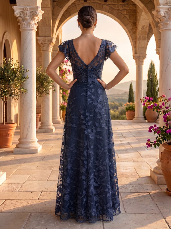 V Neck A Line Lace Applique Floor Length Evening Dresses