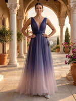 V Neck A Line Tulle Floor Length Evening Dresses