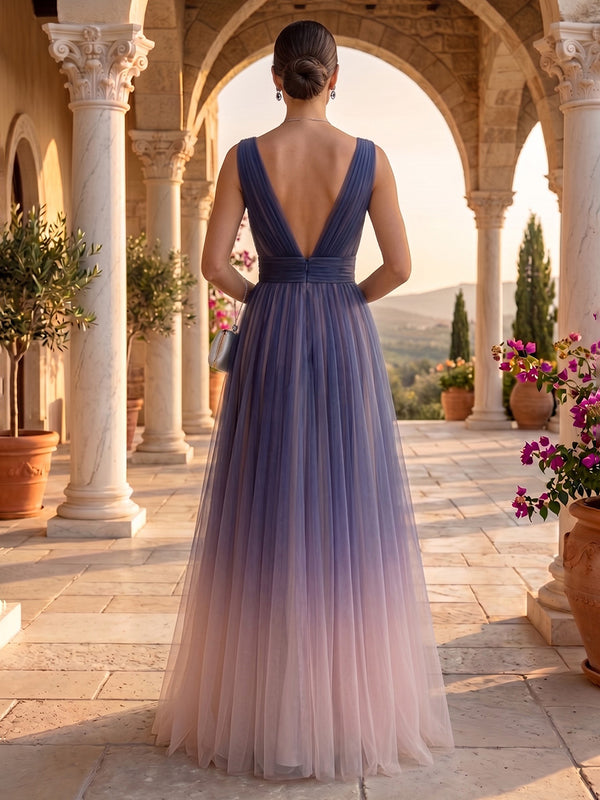 V Neck A Line Tulle Floor Length Evening Dresses