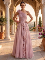 One Shoulder A Line Tulle Floor Length Evening Dresses