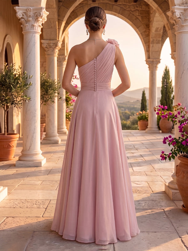 One Shoulder A Line Tulle Floor Length Evening Dresses