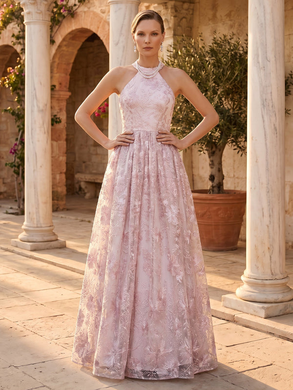 Halter A Line Tulle Lace Appliques Floor Length Evening Dresses