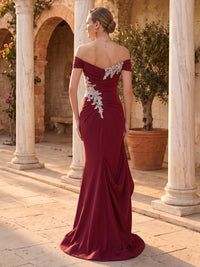 Off the Shoulder Sheath Satin Lace Applique Long Evening Dresses