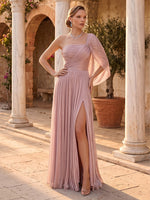 One Shoulder A Line Floor Length Long Sleeves Evening Dresses with Slit