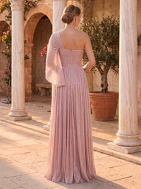 One Shoulder A Line Floor Length Long Sleeves Evening Dresses with Slit