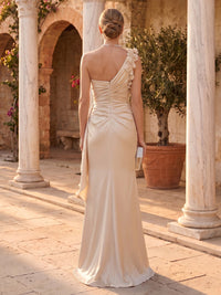 One Shoulder Mermaid Floor Length 3D Flower Evening Dresses with Ruffles