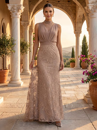 High Neck Mermaid Floor Length Jacquard Evening Dresses