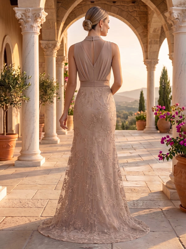 High Neck Mermaid Floor Length Jacquard Evening Dresses