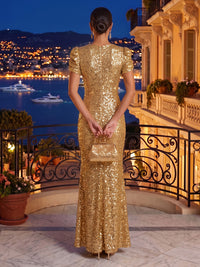 Jewel Mermaid Sequin Short Sleeves Long Evening Dresses