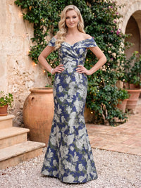 Off the Shoulder Mermaid Satin Sleeveless Floral Print Long Evening Dresses