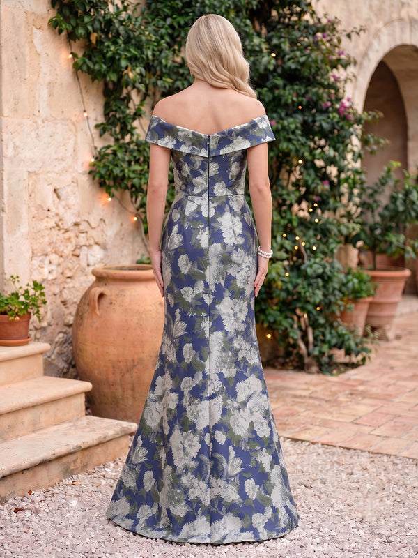 Off the Shoulder Mermaid Satin Sleeveless Floral Print Long Evening Dresses