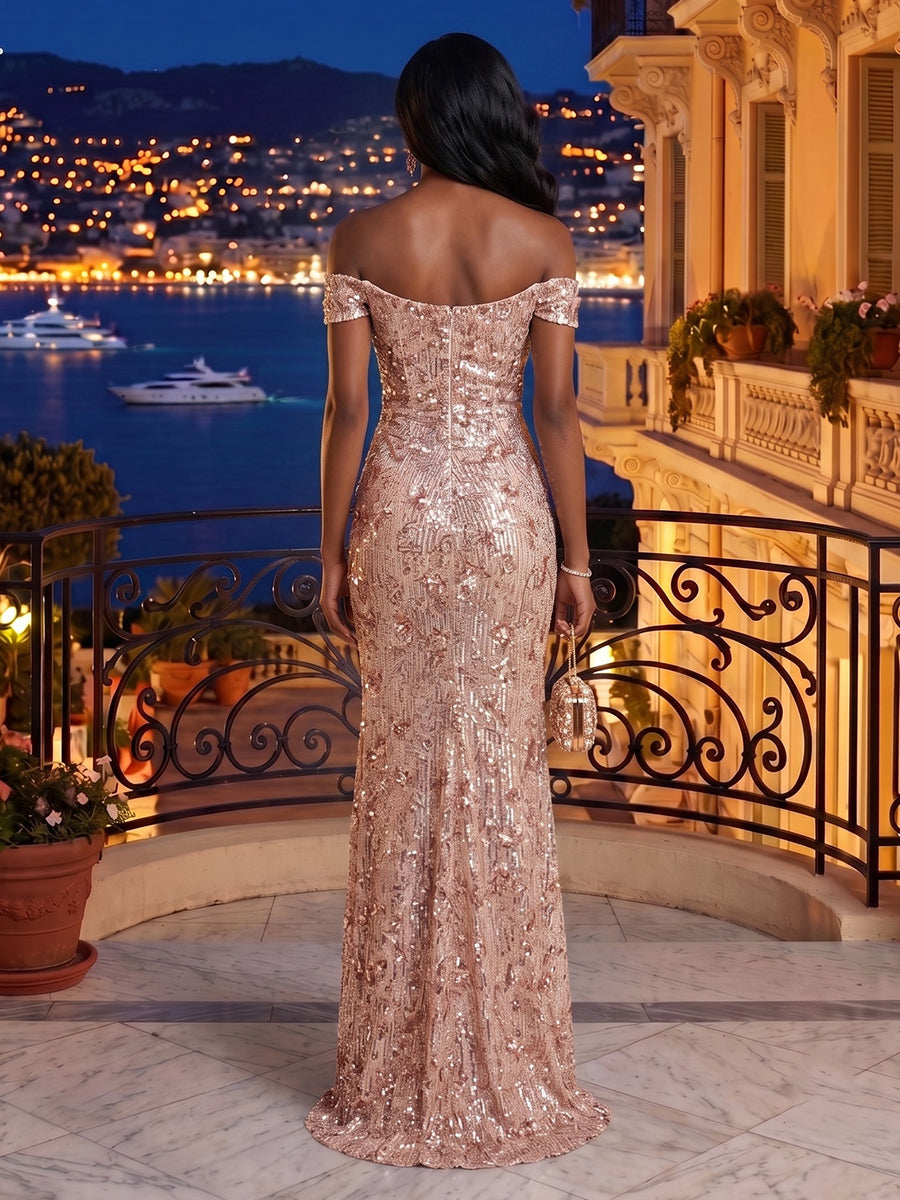 Off the Shoulder Mermaid Sequin Sleeveless Long Evening Dresses with Slit