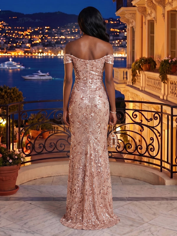 Off the Shoulder Mermaid Sequin Sleeveless Long Evening Dresses with Slit