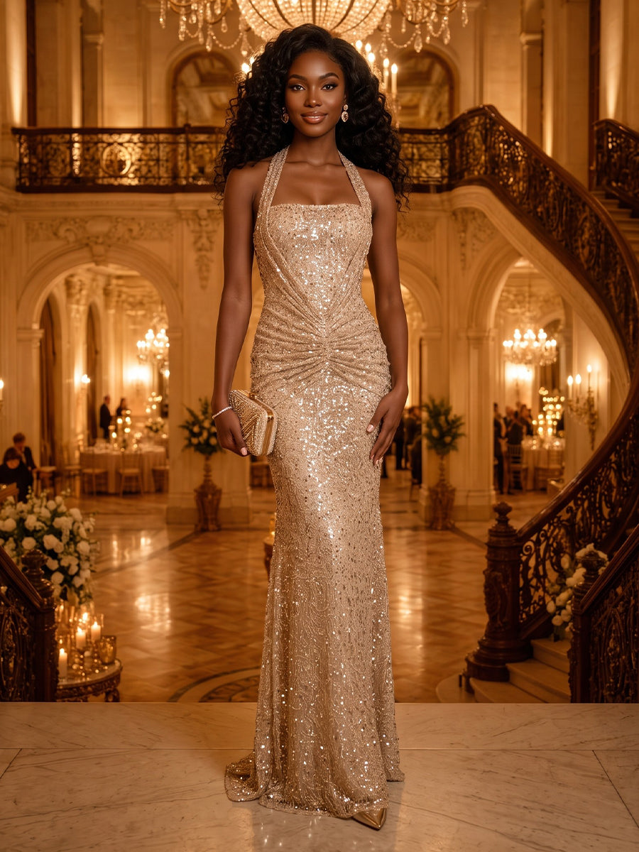 Halter Sequin Sheath Sleeveless Long Evening Dresses