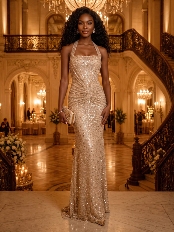 Halter Sequin Sheath Sleeveless Long Evening Dresses