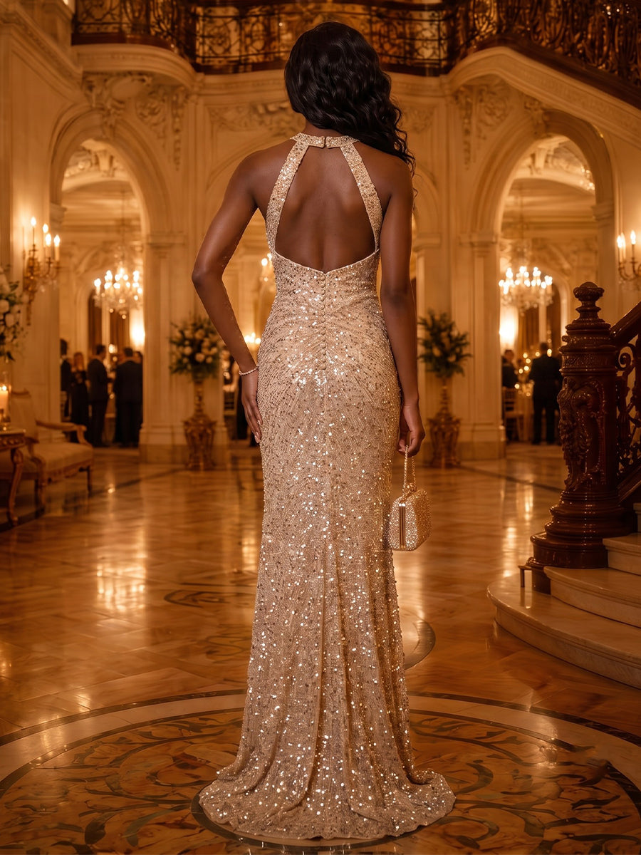 Halter Sequin Mermaid Sleeveless Floor Length Evening Dresses with Slit
