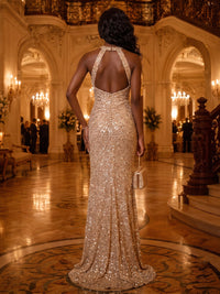 Halter Sequin Mermaid Sleeveless Floor Length Evening Dresses with Slit