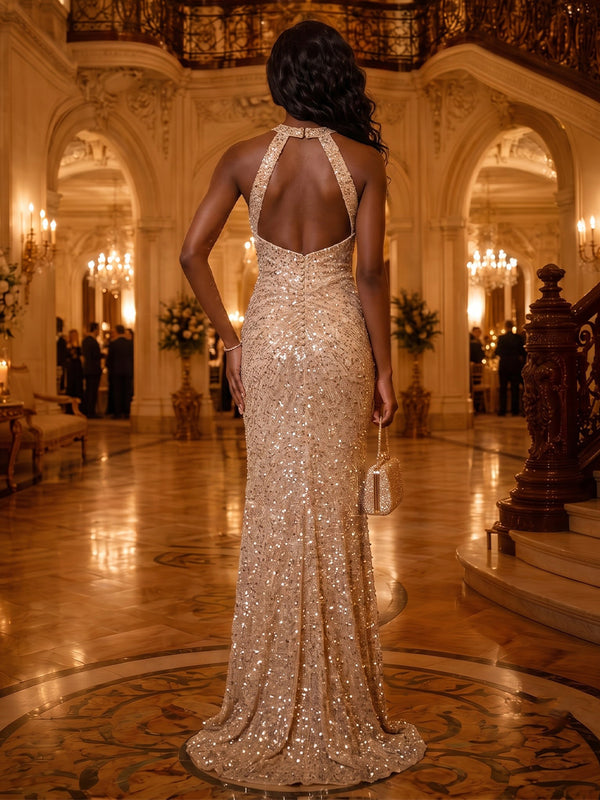 Halter Sequin Mermaid Sleeveless Floor Length Evening Dresses with Slit