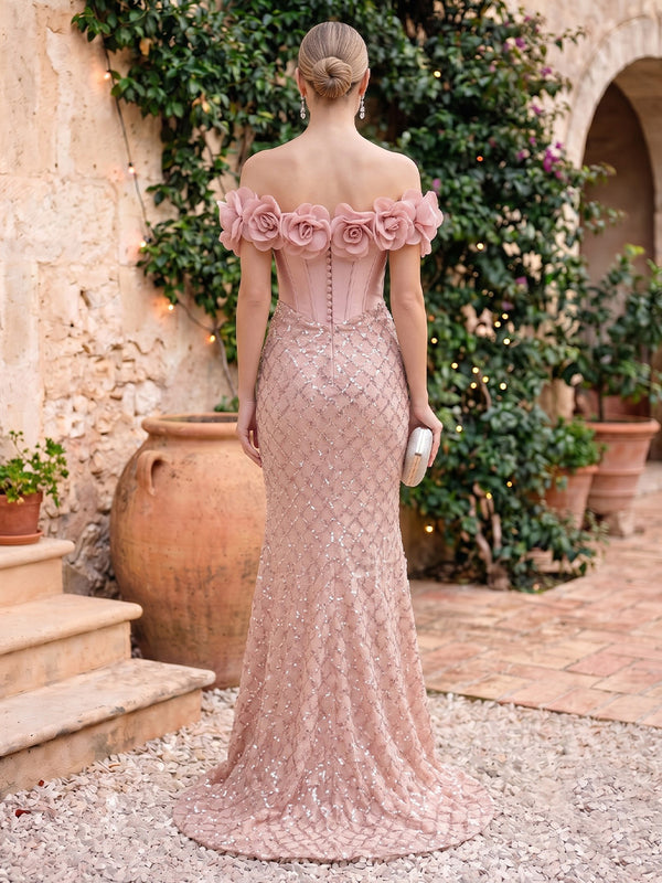 Off the Shoulder Mermaid Satin Corset Sleeveless Long Evening Dresses