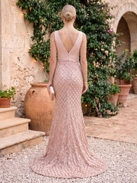 V Neck Mermaid Satin Sleeveless Sequin Long Evening Dresses