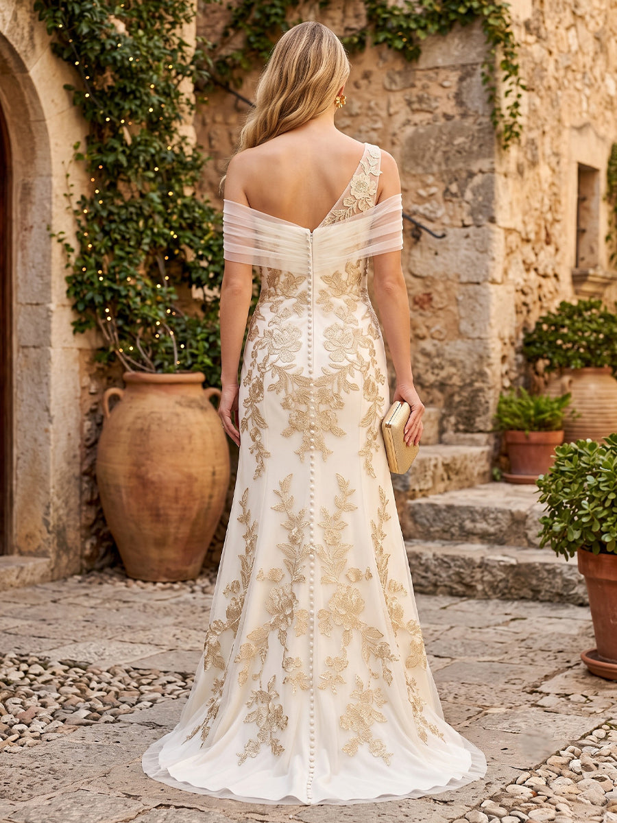 Off the Shoulder Mermaid Chiffon Sleeveless Embroidery Long Evening Dresses with Slit
