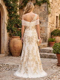 Off the Shoulder Mermaid Chiffon Sleeveless Embroidery Long Evening Dresses with Slit