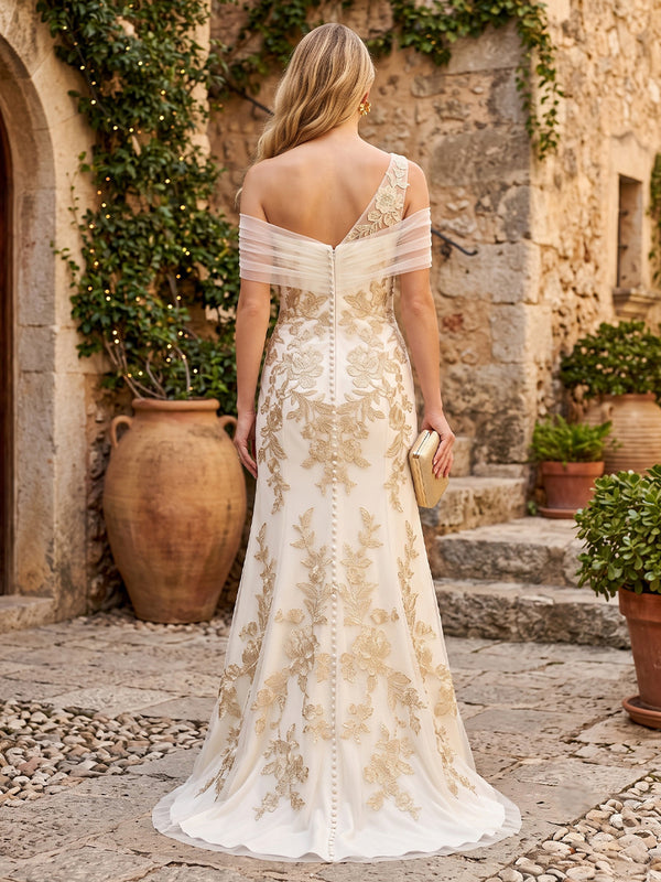 Off the Shoulder Mermaid Chiffon Sleeveless Embroidery Long Evening Dresses with Slit