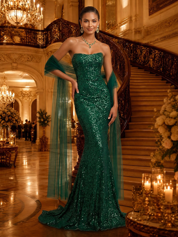 Strapless Sequin Mermaid Sleeveless Floor Length Long Evening Dresses