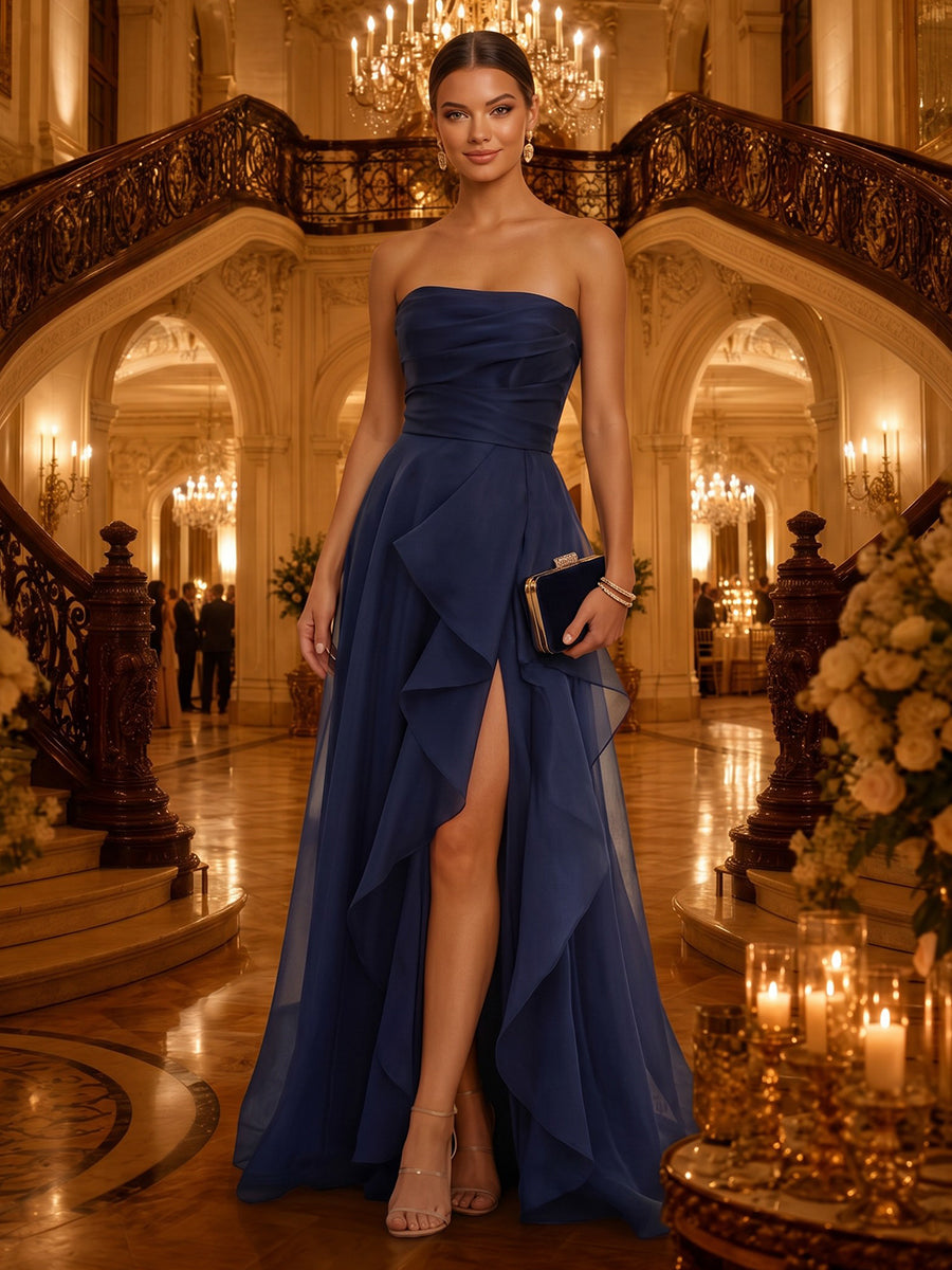 Strapless A Line Chiffon Sleeveless Long Evening Dresses with Slit