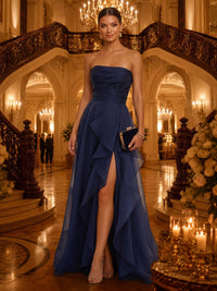 Strapless A Line Chiffon Sleeveless Long Evening Dresses with Slit