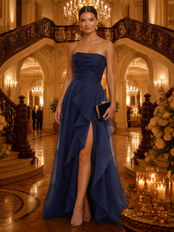 Strapless A Line Chiffon Sleeveless Long Evening Dresses with Slit