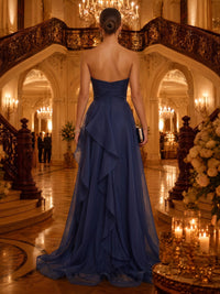 Strapless A Line Chiffon Sleeveless Long Evening Dresses with Slit
