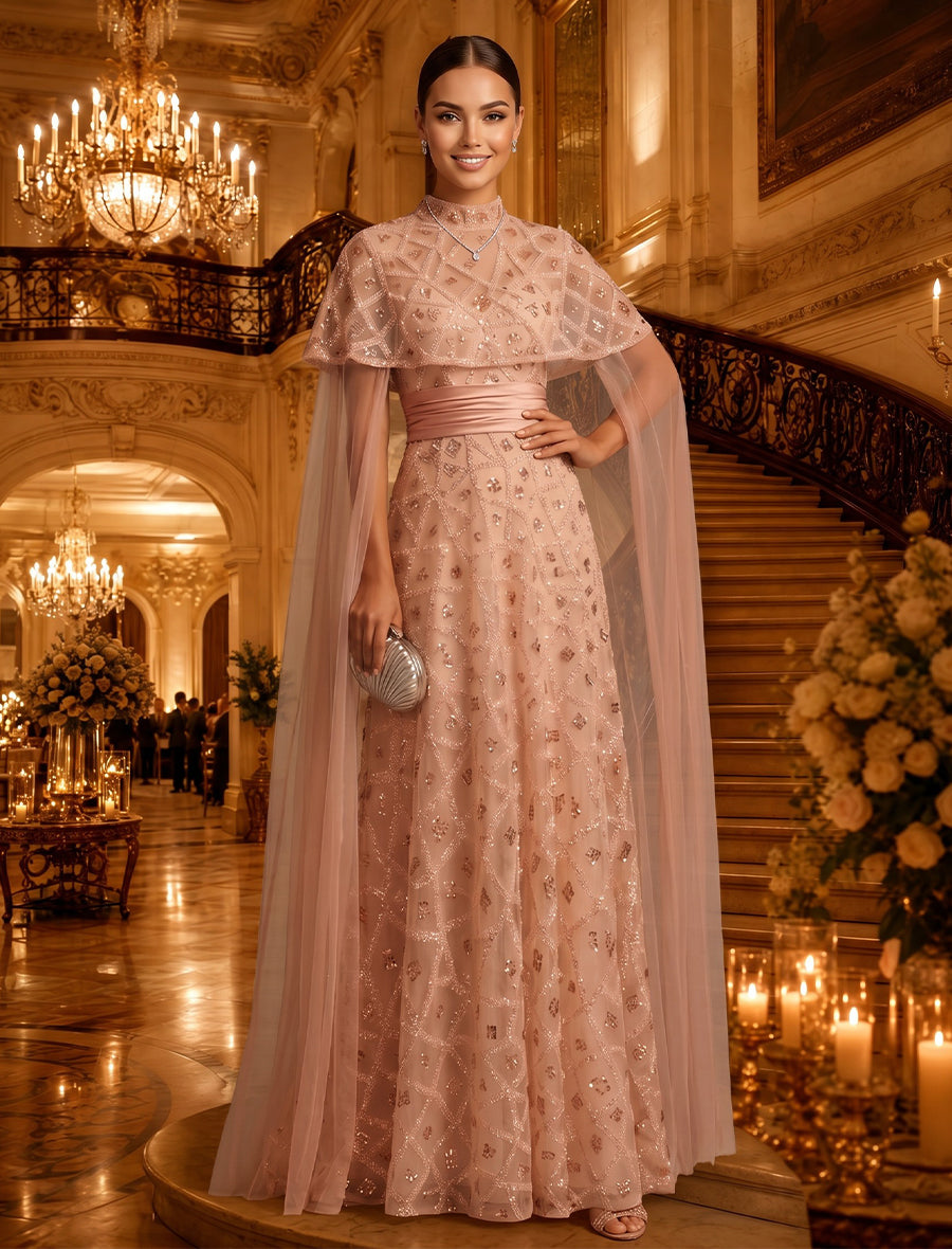 High Neck A Line Chiffon Half Sleeves Rhinestones Long Evening Dresses