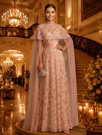 High Neck A Line Chiffon Half Sleeves Rhinestones Long Evening Dresses