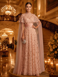 High Neck A Line Chiffon Half Sleeves Rhinestones Long Evening Dresses