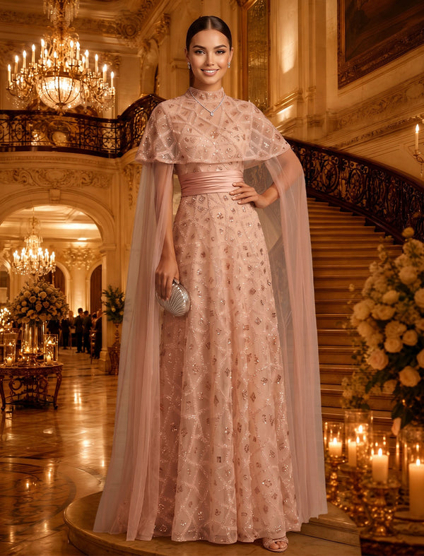 High Neck A Line Chiffon Half Sleeves Rhinestones Long Evening Dresses