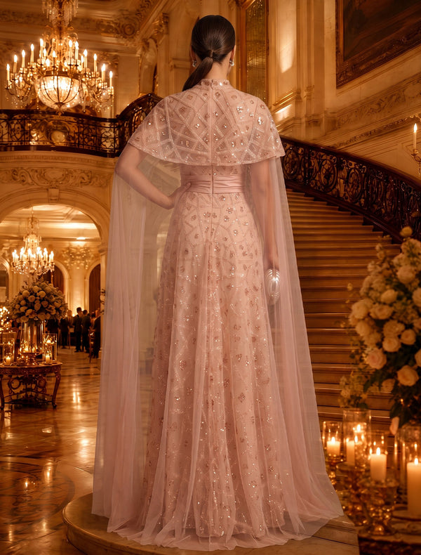 High Neck A Line Chiffon Half Sleeves Rhinestones Long Evening Dresses