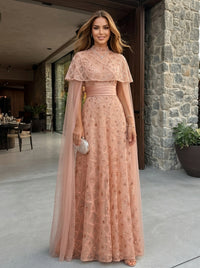 High Neck A Line Chiffon Half Sleeves Rhinestones Long Evening Dresses