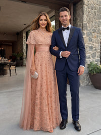 High Neck A Line Chiffon Half Sleeves Rhinestones Long Evening Dresses