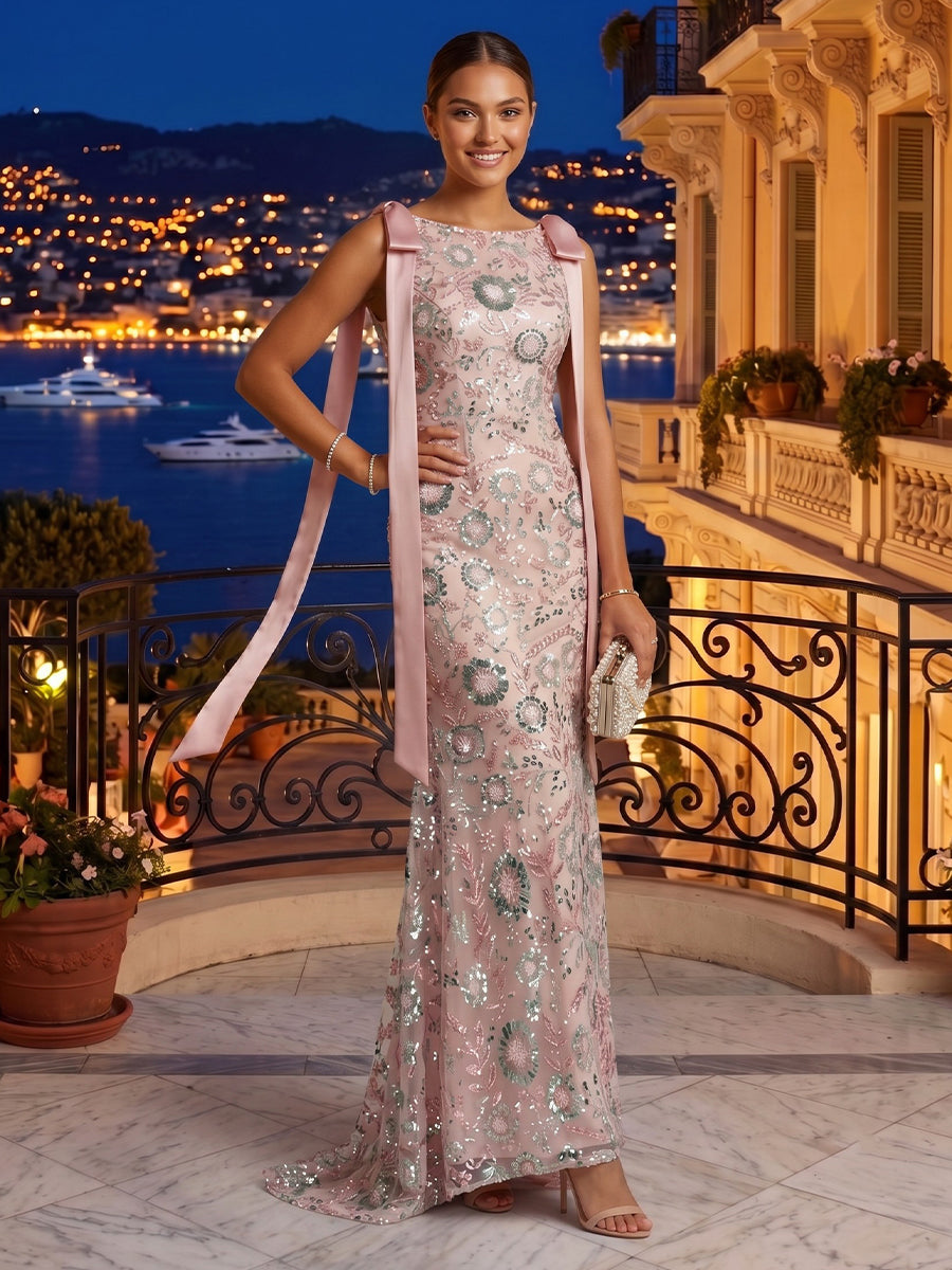 Scoop Neck Satin Mermaid Sleeveless Sequin Long Evening Dresses