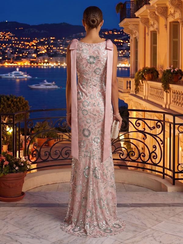 Scoop Neck Satin Mermaid Sleeveless Sequin Long Evening Dresses