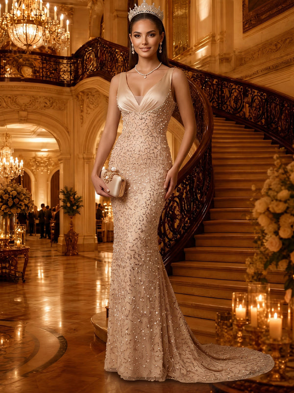 V Neck Satin Mermaid Sleeveless Floor Length  Rhinestone Long Evening Dresses