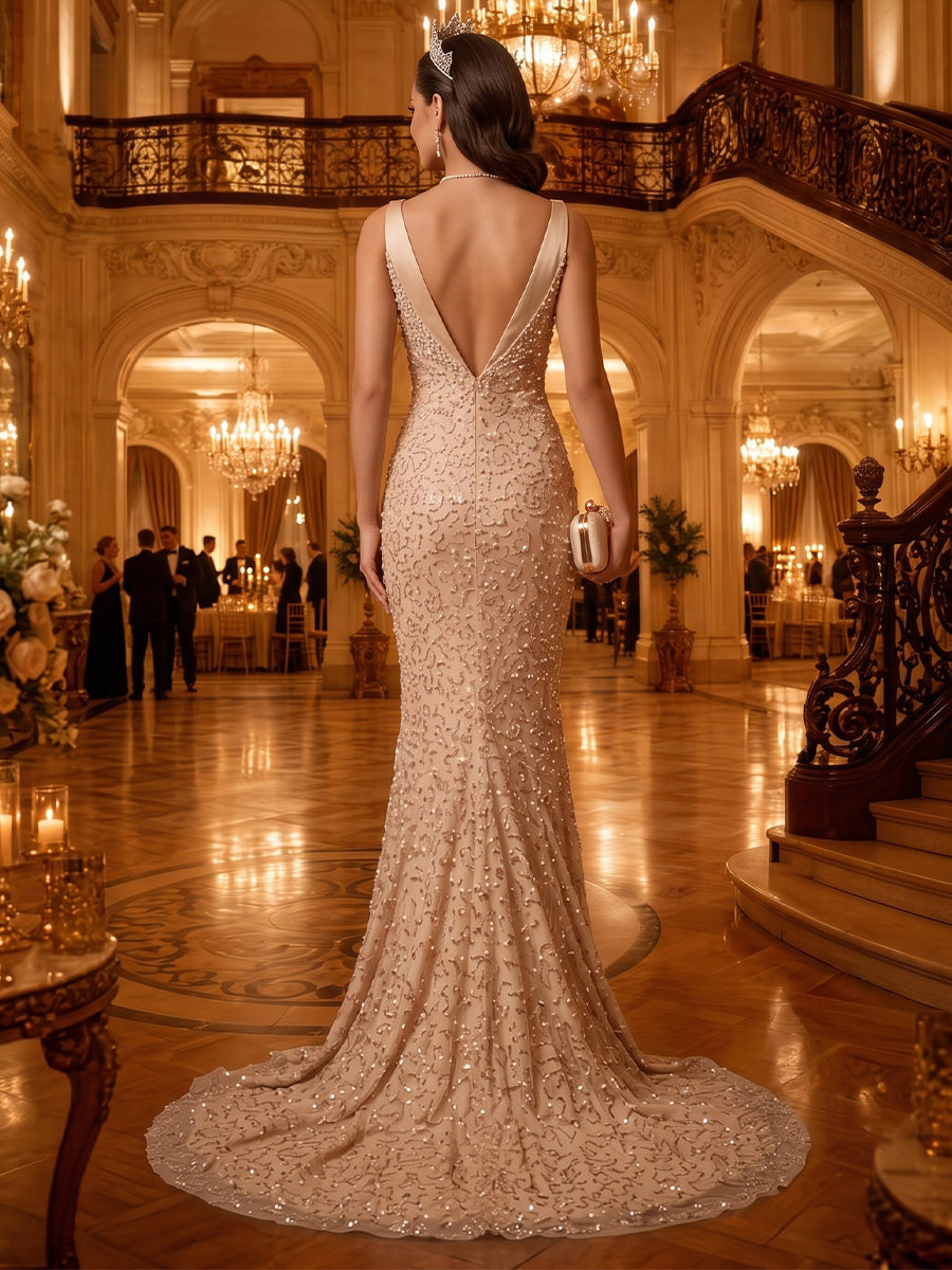 V Neck Satin Mermaid Sleeveless Floor Length  Rhinestone Long Evening Dresses