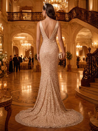 V Neck Satin Mermaid Sleeveless Floor Length  Rhinestone Long Evening Dresses