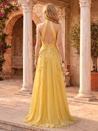 Chiffon Halter A Line Floor Length Evening Dresses with 3D Flowers