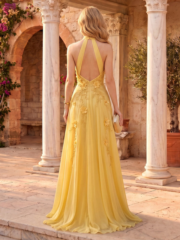 Chiffon Halter A Line Floor Length Evening Dresses with 3D Flowers