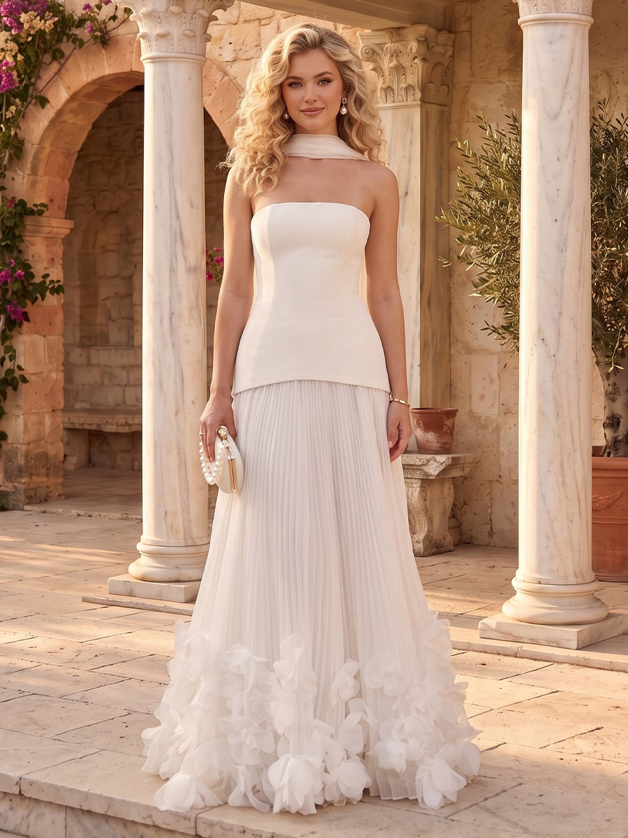 Satin Strapless A Line Floor Length Pleated Evening Dresses with Scarf