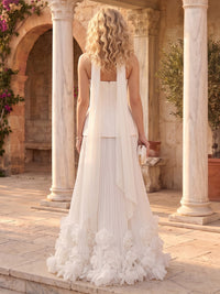 Satin Strapless A Line Floor Length Pleated Evening Dresses with Scarf