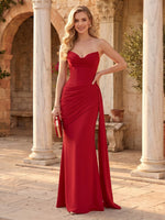 Satin Strapless Mermaid Long Pleated Evening Dresses
